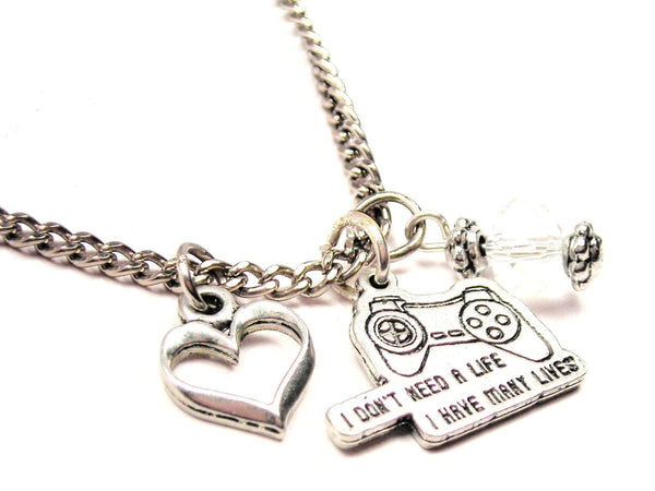 I Don't Need A Life I Have Many Lives Video Game Controller Necklace with Small Heart