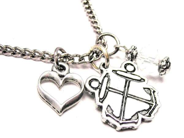 Boatswain Crossed Anchors Necklace with Small Heart