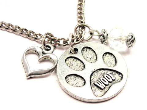 Woof Paw Print Necklace with Small Heart