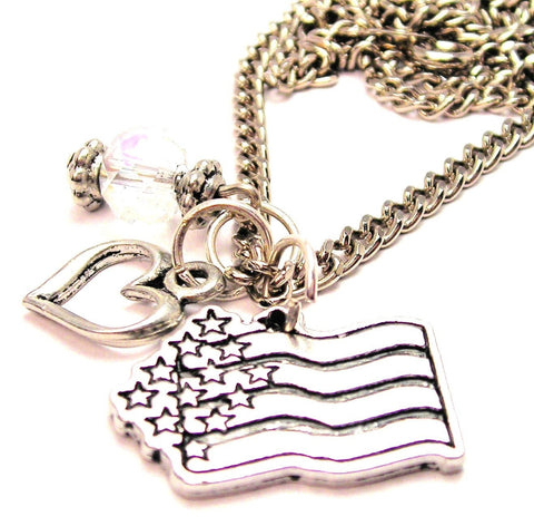 Abstract American Flag Necklace with Small Heart