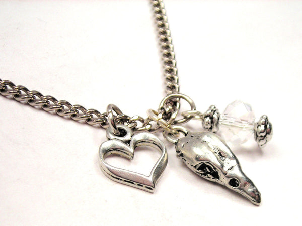 Raven Skull Necklace with Small Heart