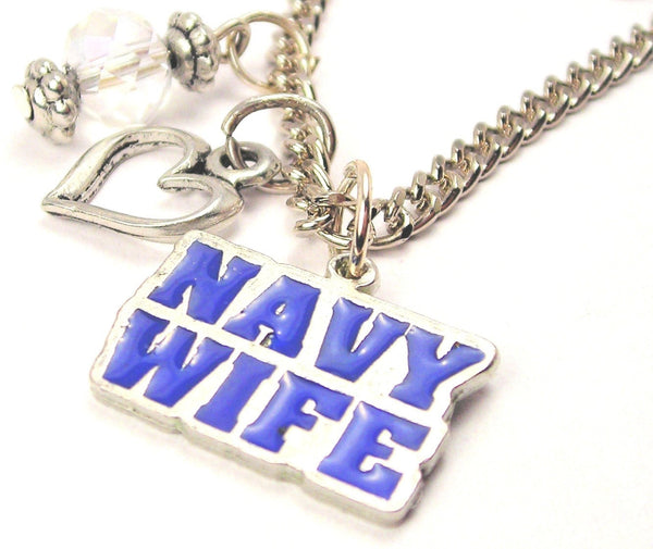 Hand Painted Navy Wife Bold Text Blue Necklace with Small Heart