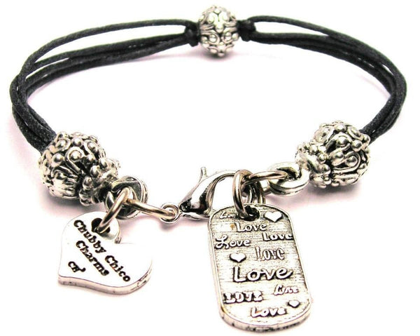 Love Love Love Dog Tag Beaded Black Cord Bracelet