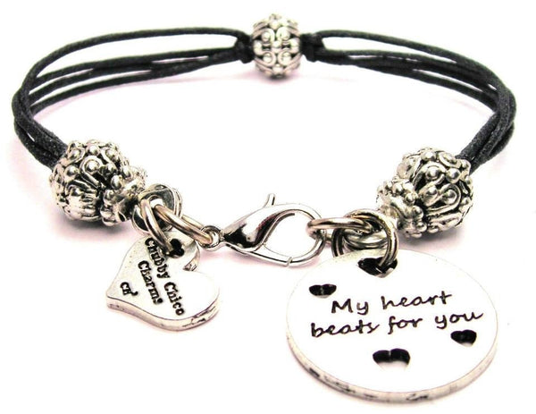 My Heart Beats For You With Hearts Beaded Black Cord Bracelet