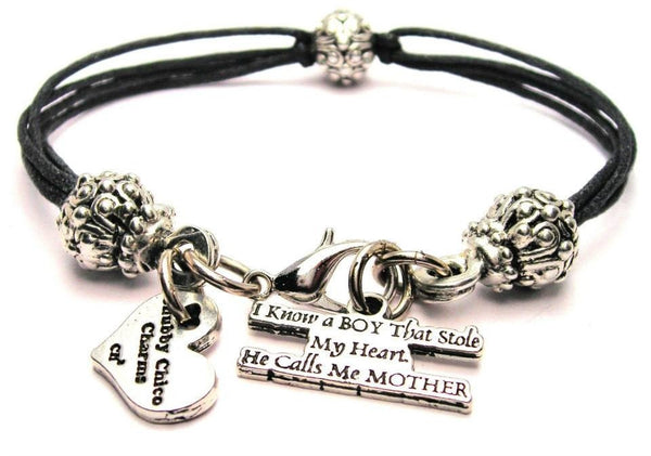 I Know A Boy That Stole My Heart He Calls Me Mother Beaded Black Cord Bracelet