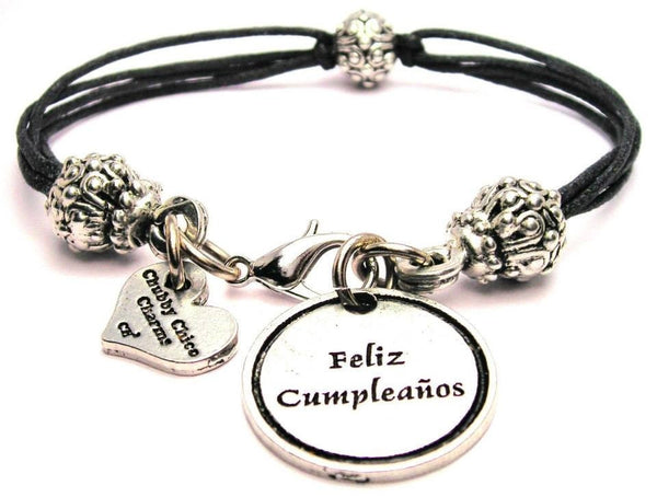 Feliz Cumpleanos Happy Birthday Spanish Beaded Black Cord Bracelet