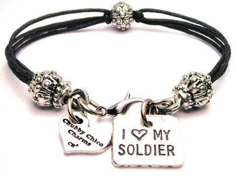 I Love My Soldier Square Beaded Black Cord Bracelet