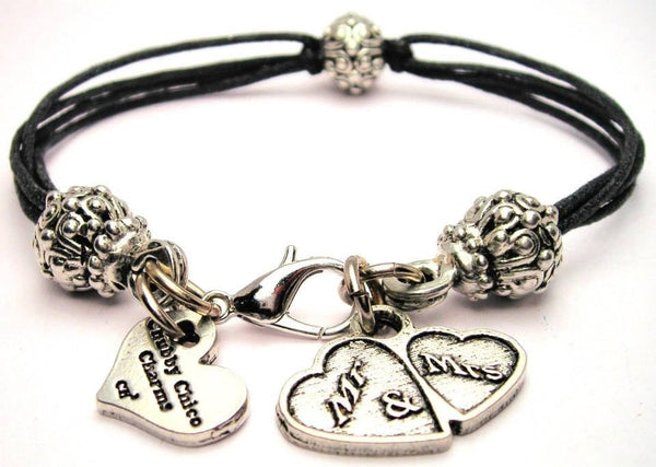 Mr. And Mrs. Double Hearts Beaded Black Cord Bracelet
