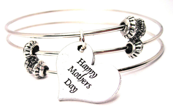 Happy Mothers Day Heart Triple Style Expandable Bangle Bracelet