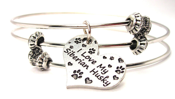 I Love My Siberian Husky Triple Style Expandable Bangle Bracelet