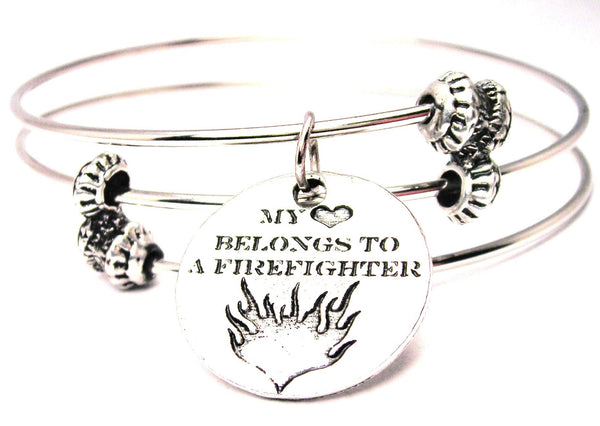 My Heart Belongs To A Firefighter Circle Triple Style Expandable Bangle Bracelet