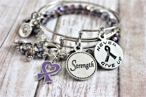 3 Bracelet Set Alzheimer's Disease Awareness Ribbon Never Give Up And Strength Expandable Bangle Bracelet Splash Of Color Set