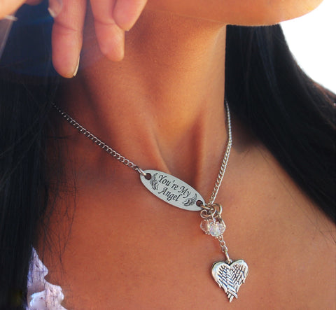 You're My Angel With Heart Shaped Angel Wings Lariat Necklace