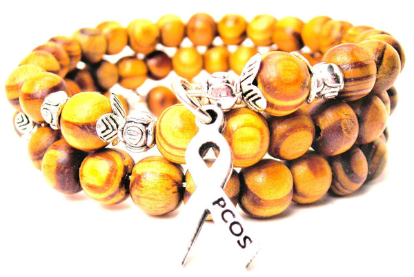Pcos Awareness Ribbon Natural Wood Wrap Bracelet
