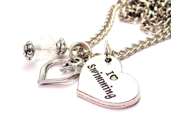 I Love Swimming Heart And Crystal Necklace