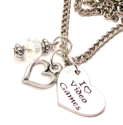 I Love Video Games Heart And Crystal Necklace