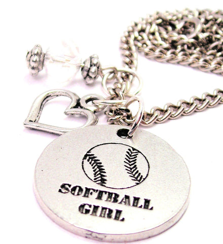 Softball Girl Heart And Crystal Necklace