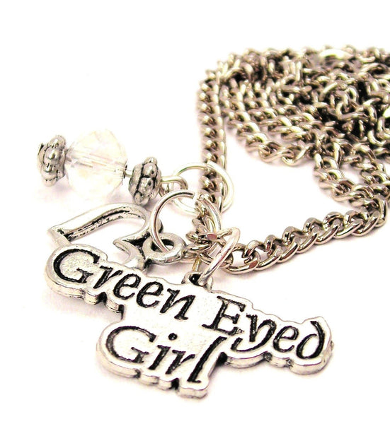 Green Eyed Girl Heart And Crystal Necklace