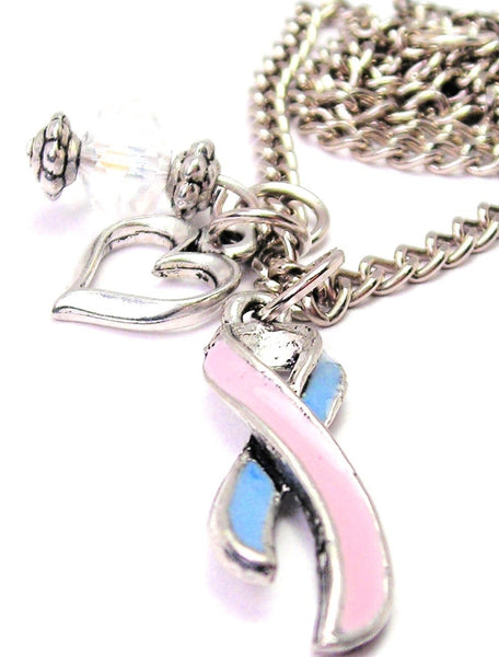 Infant Loss Ribbon Pink And Blue Heart And Crystal Necklace