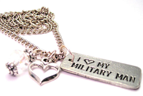 I Love My Military Man Tab Necklace with Small Heart