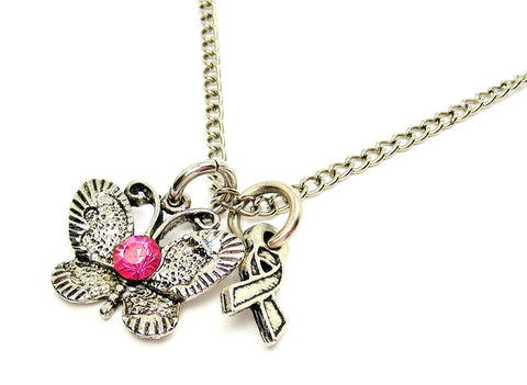 Crystal Butterfly With Awareness Ribbon Necklace