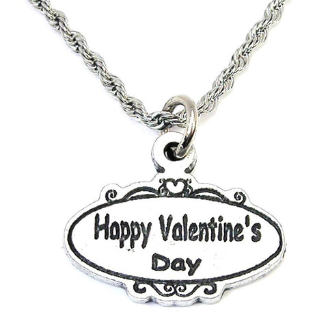 Happy Valentine's Day Scrolled Oval Plaque Single Charm Necklace