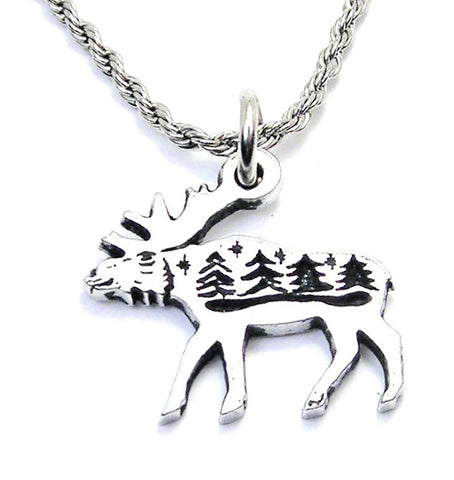 Moose With Scenery Single Charm Necklace