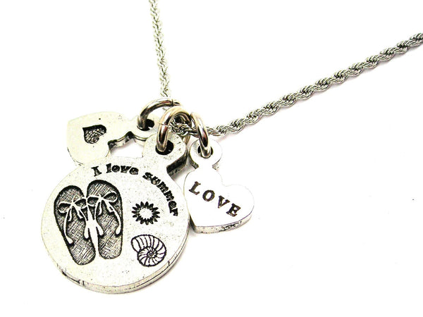 I Love Summer Flip Flops With Seashell Stainless Steel Rope Chain Necklace