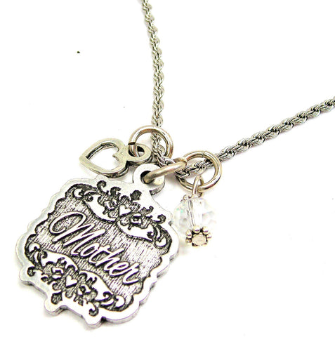 Mother Victorian Scroll With Open Heart And Crystal 20" Stainless Steel Rope Necklace