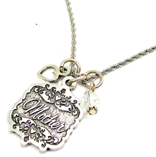Mother Victorian Scroll With With Open Heart And Crystal 20" Stainless Steel Rope Necklace