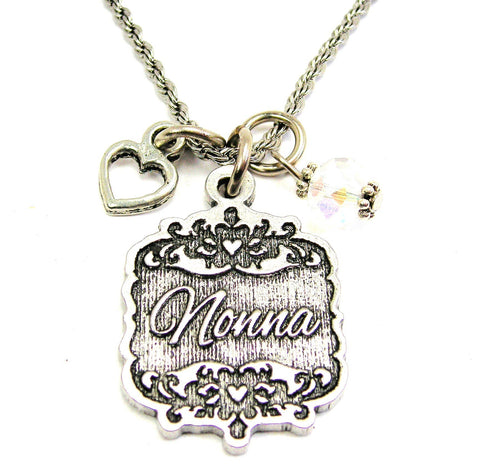 Nonna Victorian Scroll With Open Heart And Crystal 20" Stainless Steel Rope Necklace