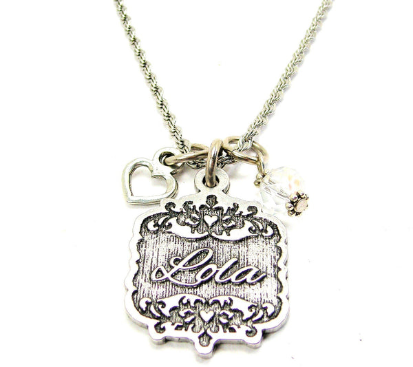 Lola Victorian Scroll With Open Heart And Crystal 20" Stainless Steel Rope Necklace