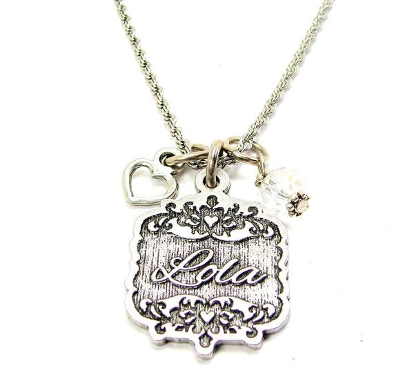 Lola Victorian Scroll With With Open Heart And Crystal 20" Stainless Steel Rope Necklace