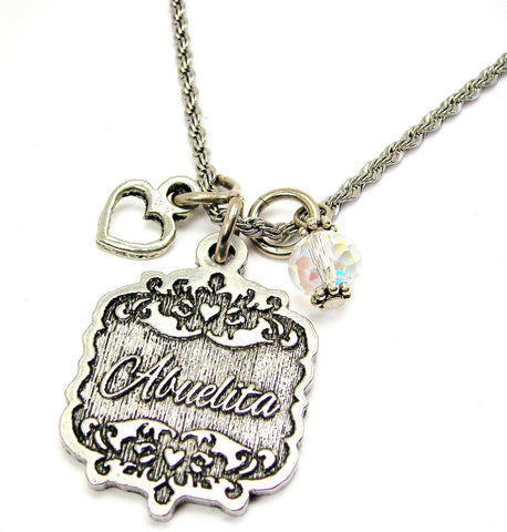 Abuelita Victorian Scroll With Open Heart And Crystal 20" Stainless Steel Rope Necklace