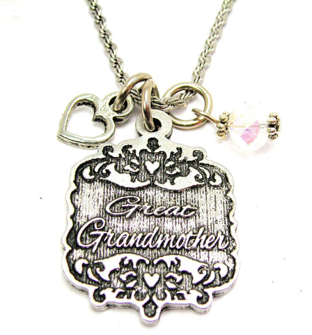 Great Grandmother Victorian Scroll With Open Heart And Crystal 20" Stainless Steel Rope Necklace