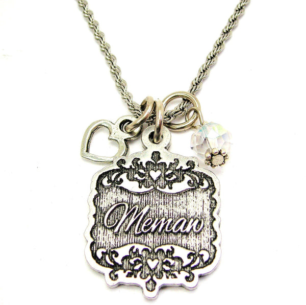Memaw Victorian Scroll With Open Heart And Crystal 20" Stainless Steel Rope Necklace