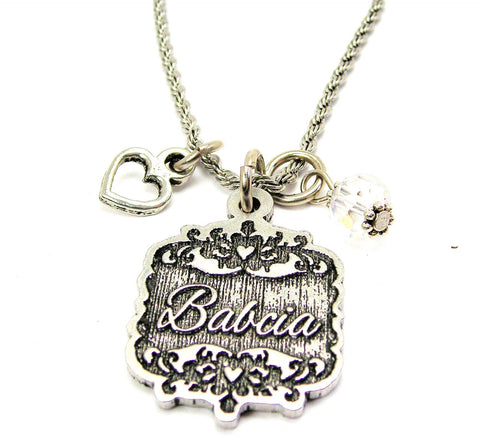 Babcia Victorian Scroll With Open Heart And Crystal 20" Stainless Steel Rope Necklace