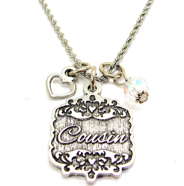 Cousin Victorian Scroll With Open Heart And Crystal 20" Stainless Steel Rope Necklace