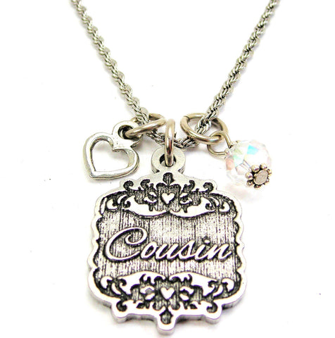 Cousin Victorian Scroll With Open Heart And Crystal 20" Stainless Steel Rope Necklace