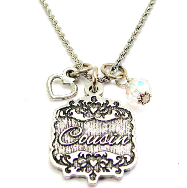 Cousin Victorian Scroll With With Open Heart And Crystal 20" Stainless Steel Rope Necklace