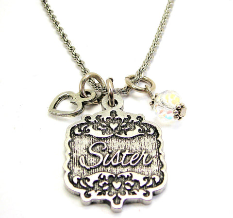 Sister Victorian Scroll With Open Heart And Crystal 20" Stainless Steel Rope Necklace