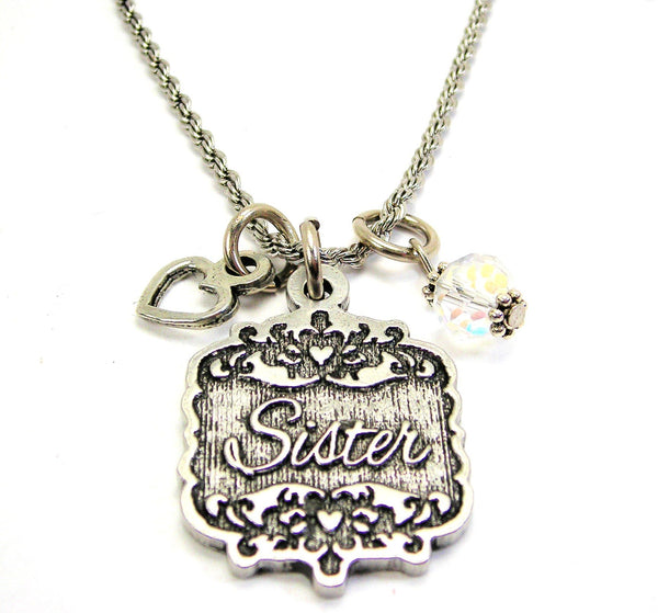 Sister Victorian Scroll With With Open Heart And Crystal 20" Stainless Steel Rope Necklace