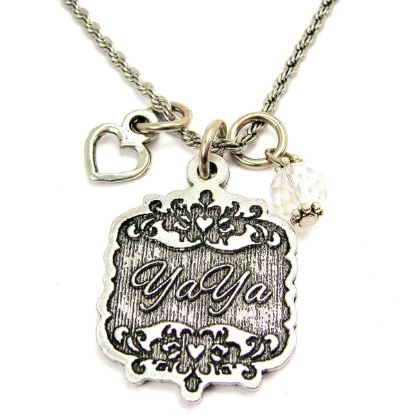 YaYa Victorian Scroll With Open Heart And Crystal 20" Stainless Steel Rope Necklace