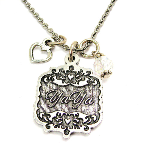 YaYa Victorian Scroll With With Open Heart And Crystal 20" Stainless Steel Rope Necklace