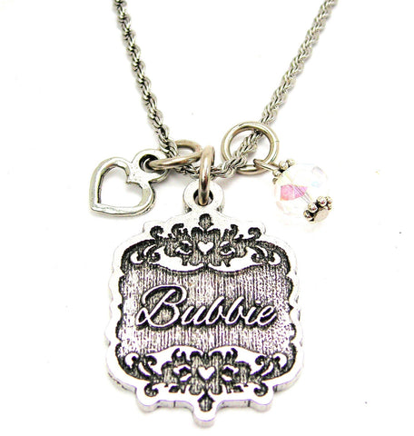 Bubbie Victorian Scroll With With Open Heart And Crystal 20" Stainless Steel Rope Necklace