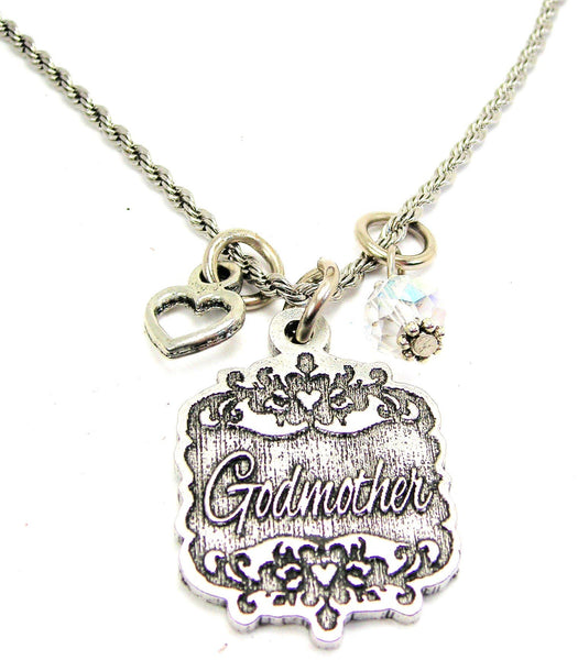 Godmother Victorian Scroll With Open Heart And Crystal 20" Stainless Steel Rope Necklace