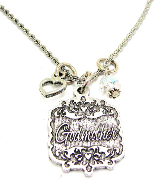 Godmother Victorian Scroll With With Open Heart And Crystal 20" Stainless Steel Rope Necklace
