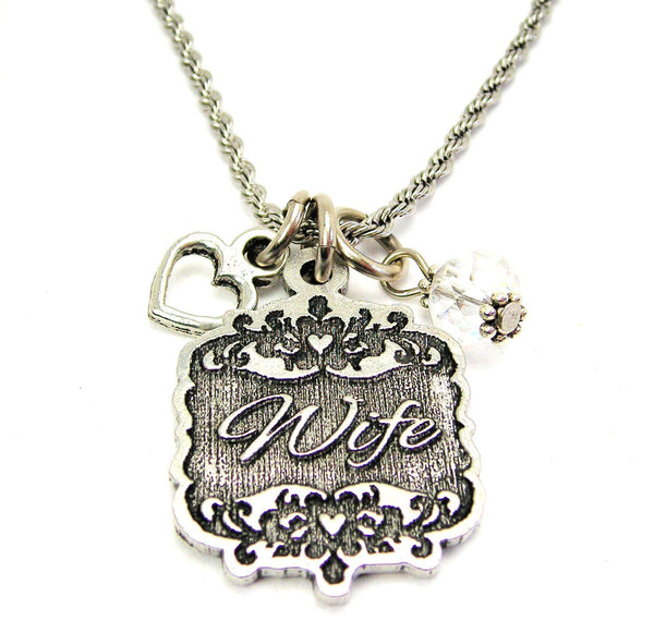 Wife Victorian Scroll With Open Heart And Crystal 20" Stainless Steel Rope Necklace