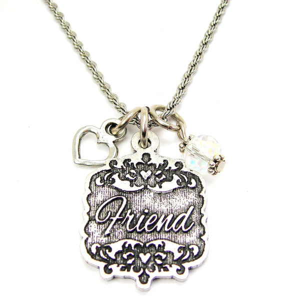Friend Victorian Scroll With Open Heart And Crystal 20" Stainless Steel Rope Necklace