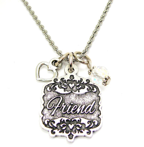 Friend Victorian Scroll With With Open Heart And Crystal 20" Stainless Steel Rope Necklace